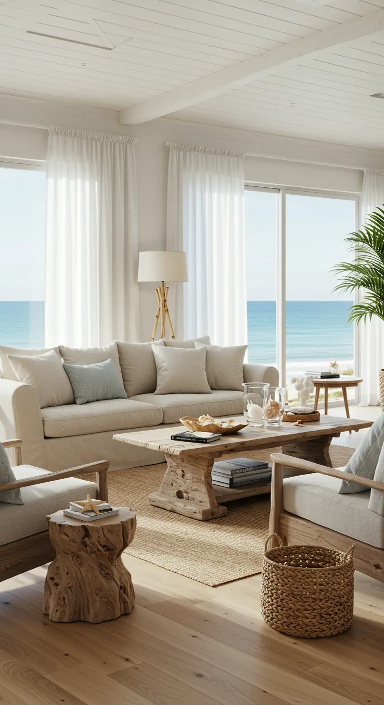 Lichte woonkamer met uitzicht op zee, beige bank en houten details.