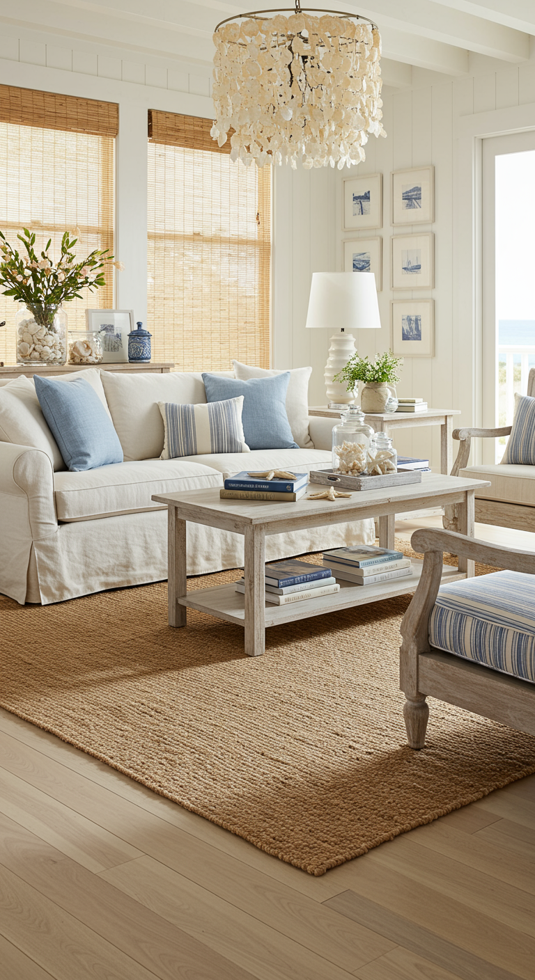 Lichte woonkamer in beachstijl met een naturelkleurig jute vloerkleed.