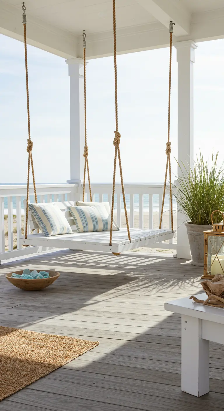 Witte houten schommelbank met touwen op een veranda met uitzicht op zee.