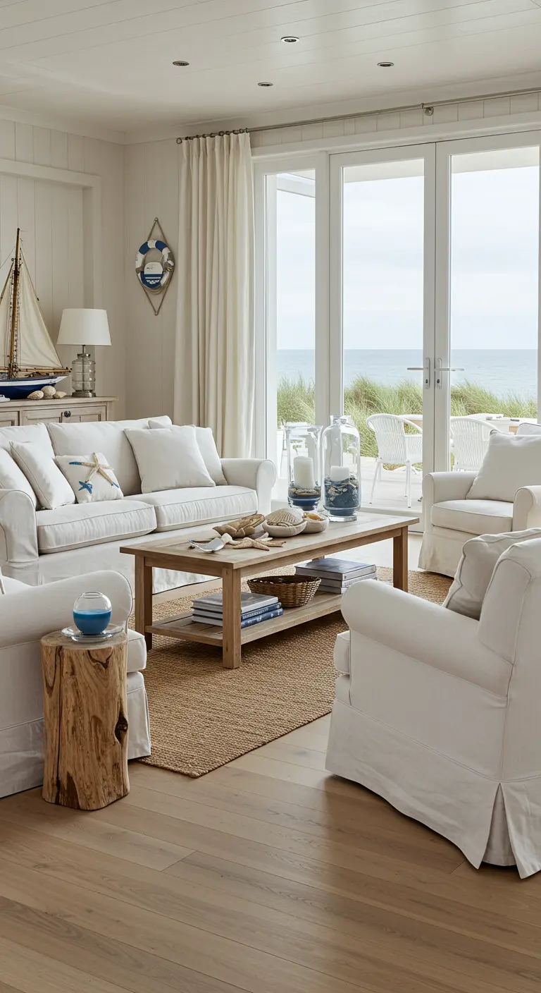 Lichte, strandhuis-stijl zithoek met witte meubels en uitzicht op zee.