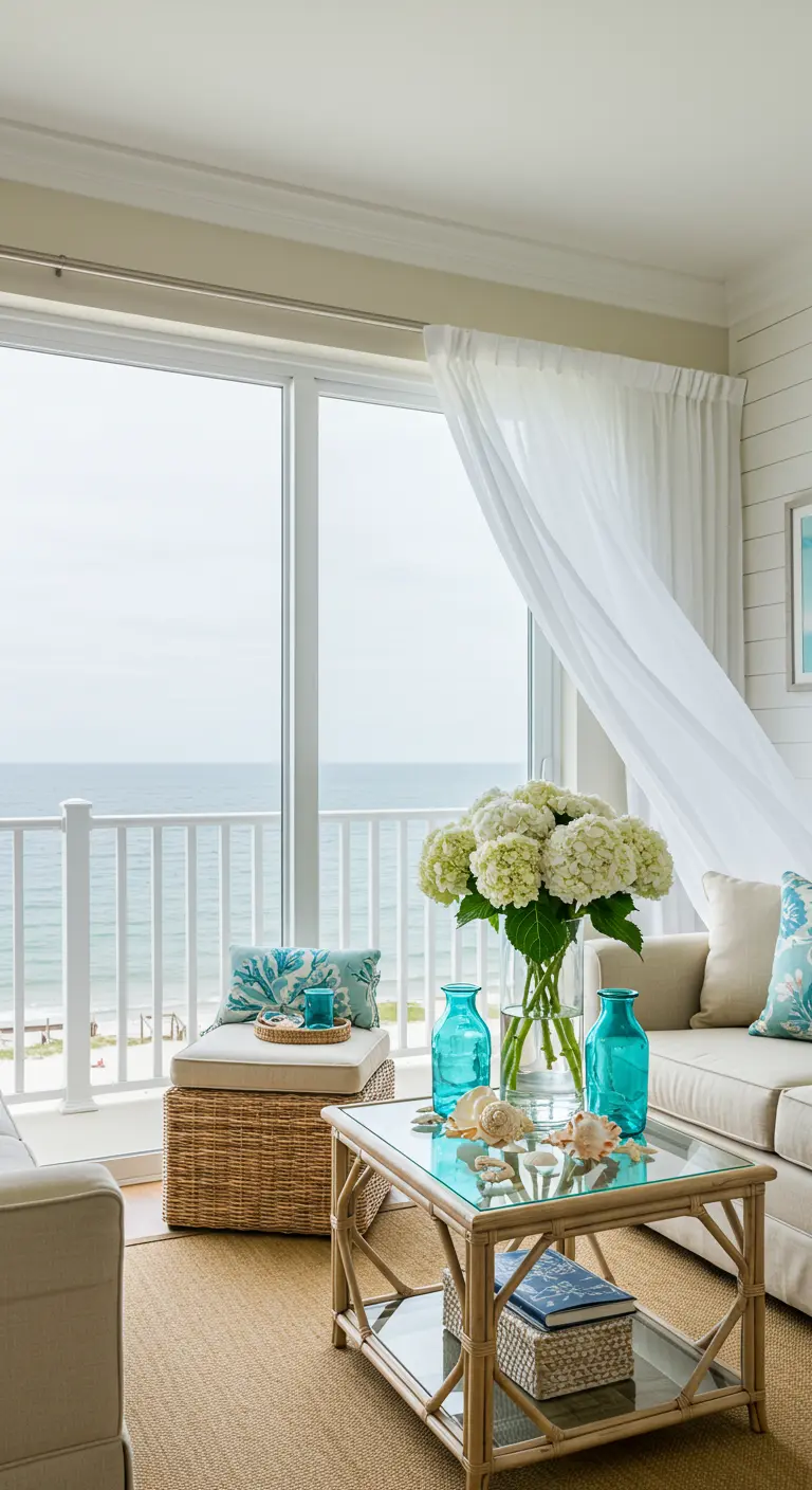 Lichte kamer met uitzicht op zee, witte hortensia's en turquoise accenten.