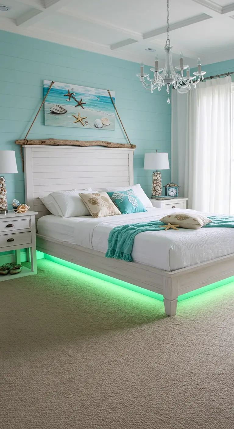 Strandthema slaapkamer met wit bed en groene LED-verlichting eronder, turquoise muur.