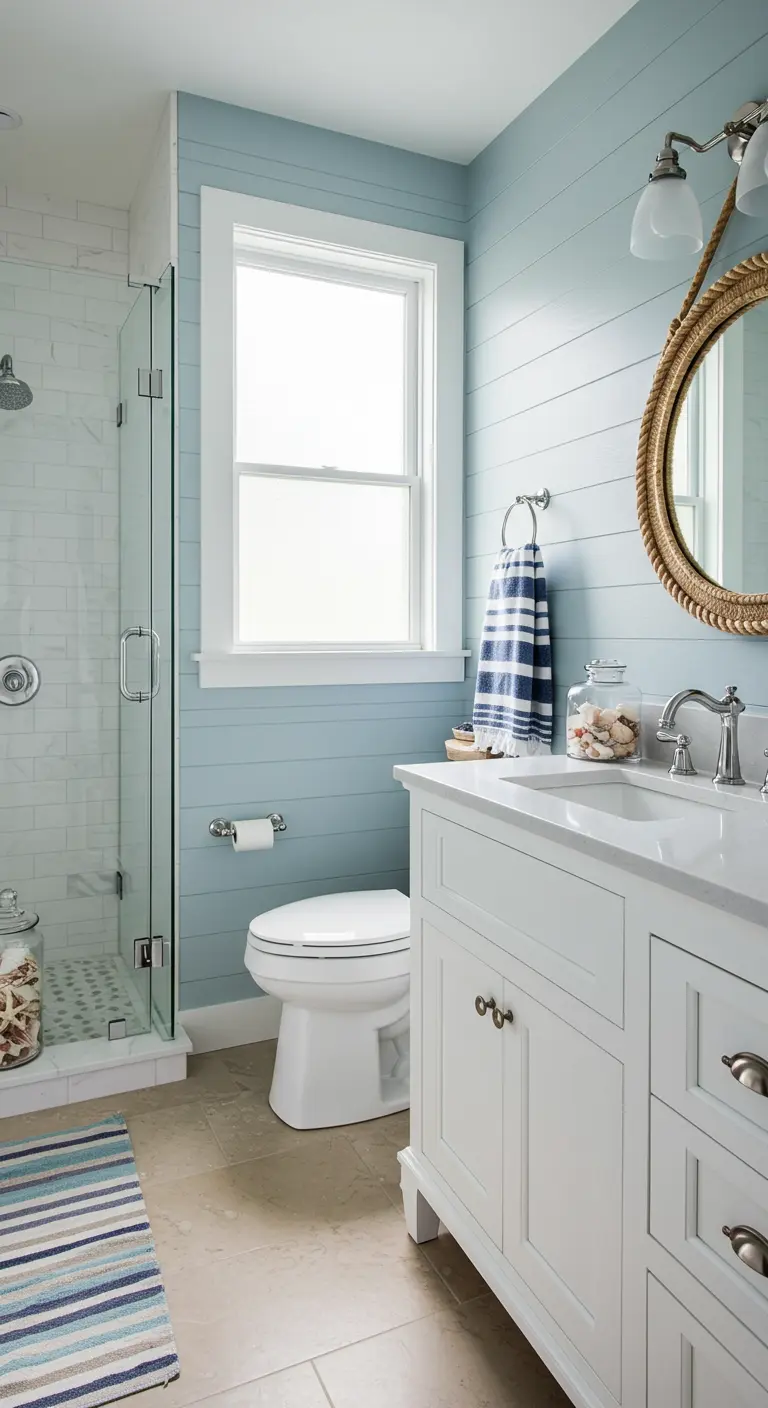 Lichtblauwe badkamer met witte lambrisering en maritieme details.