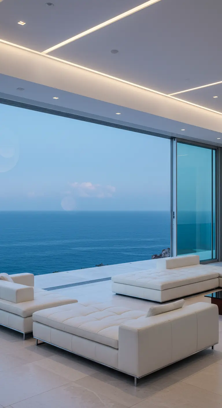 Moderne witte woonkamer met schuifpuien en uitzicht op een eindeloze blauwe zee.