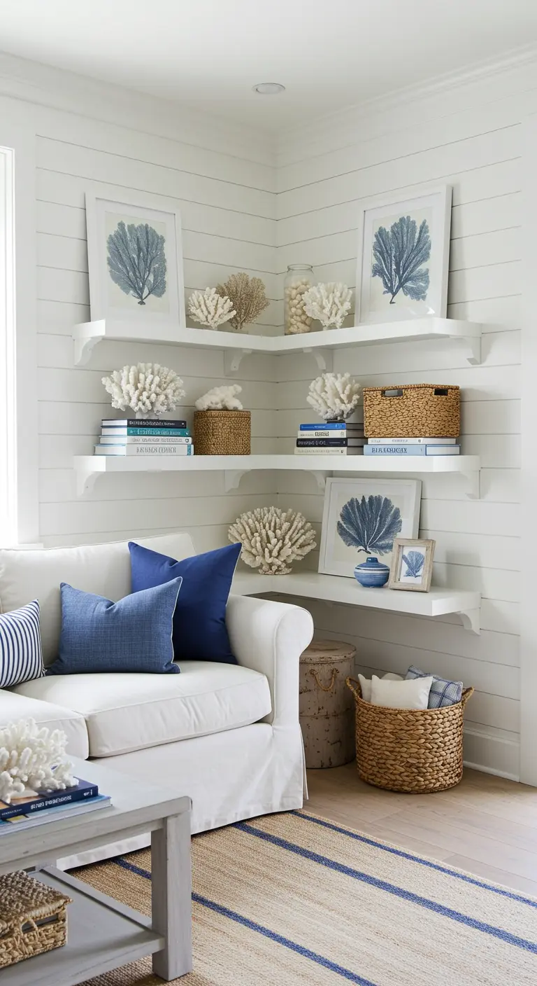 Witte hoekplanken in coastal stijl met blauwe en witte decoraties, koraal en manden.