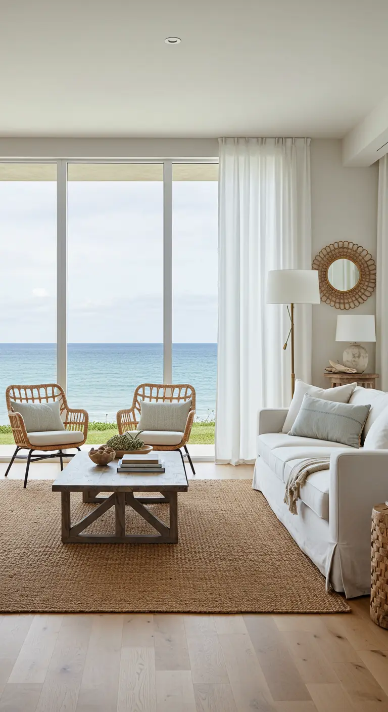 Woonkamer met uitzicht op zee, twee rotan fauteuils en een jute vloerkleed.