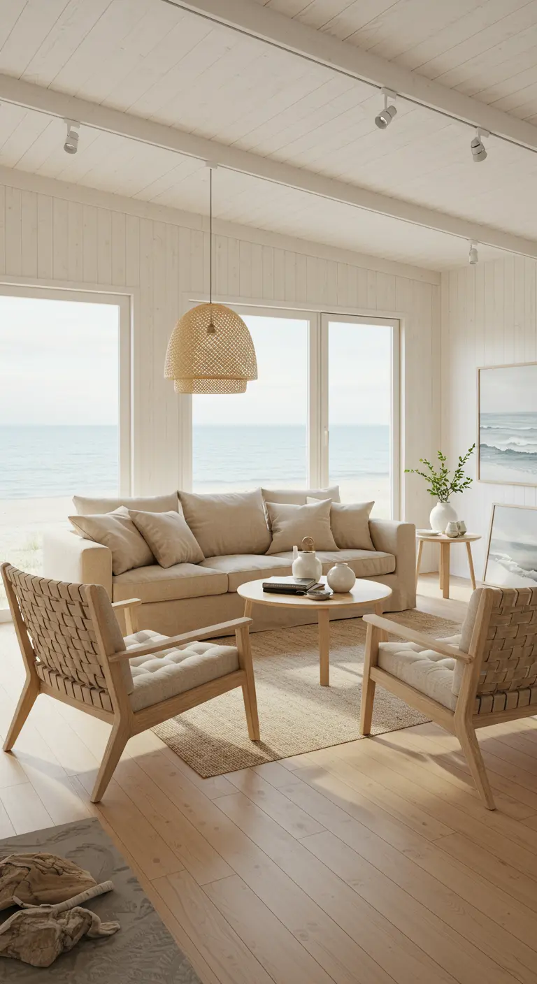 Lichte woonkamer met beige bank, houten stoelen en uitzicht op zee.