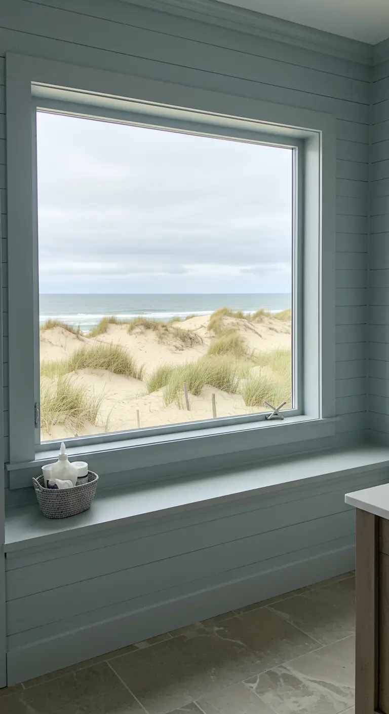 Badkamer met breed raam en zitbank, uitzicht op duinen en zee.