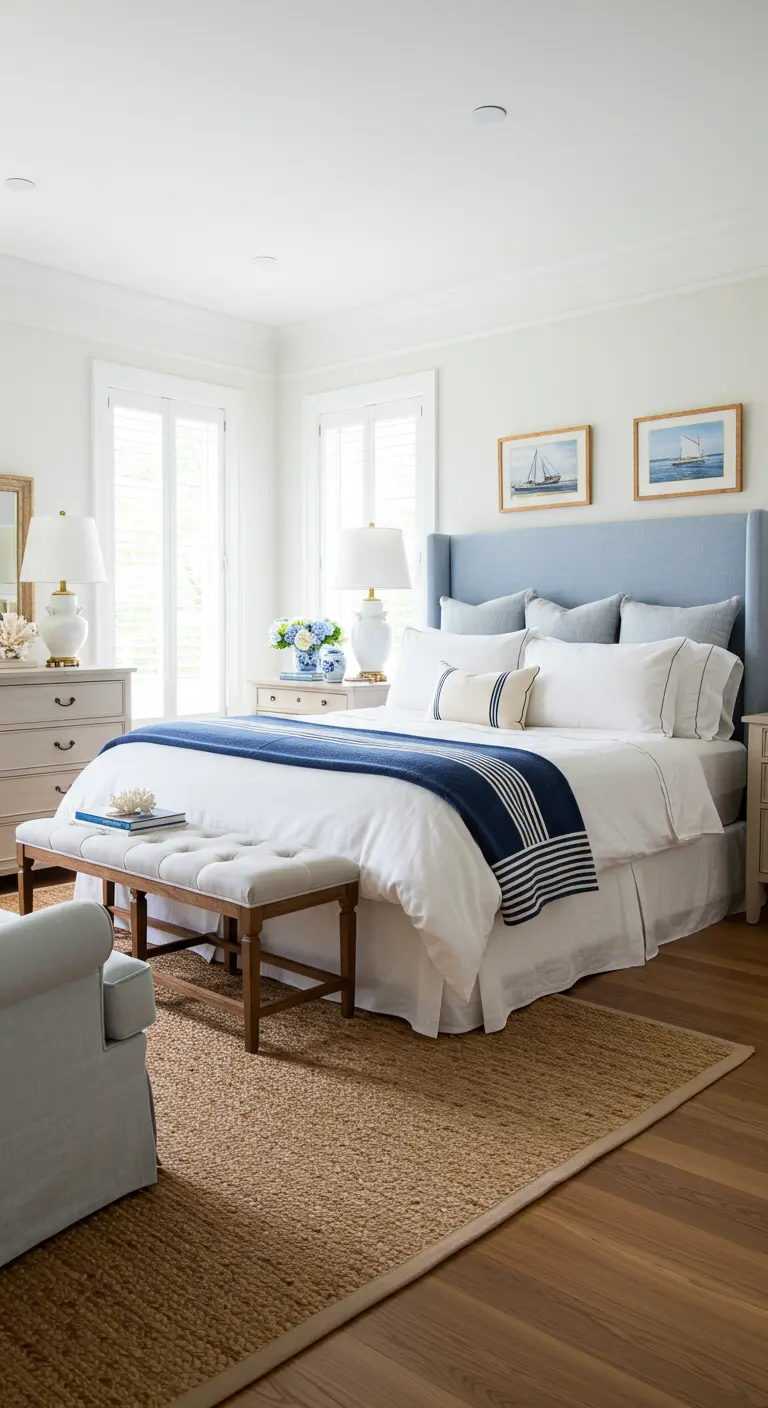 Slaapkamer in kuststijl met blauw-witte accenten, houten vloer en maritieme decoraties.