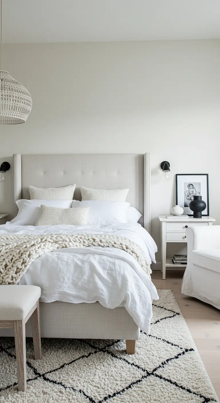 Lichte slaapkamer met wit bed, grofgebreide deken en rotan hanglamp.