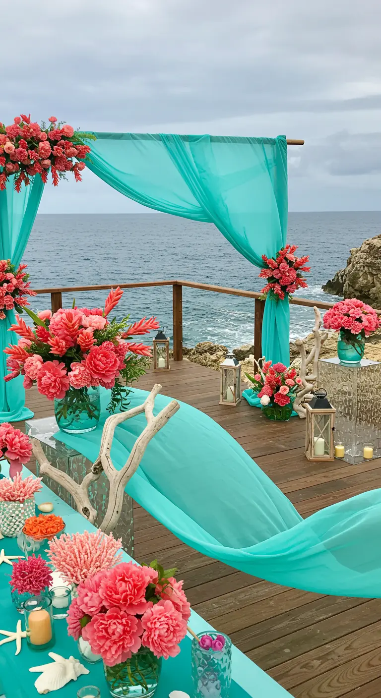 Kustdecoratie met turquoise draperieën, koraalroze bloemen, schelpen en uitzicht op zee.