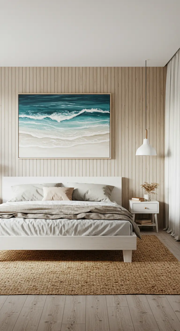 Groot schilderij van golven tegen houten lattenwand boven wit bed.