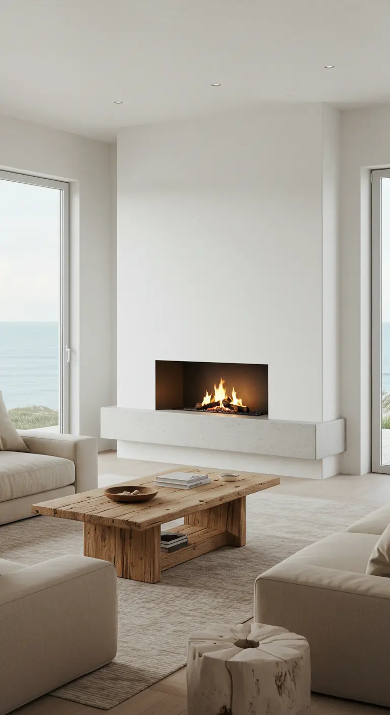 Minimalistische woonkamer met strakke witte haard en panoramisch uitzicht op zee.
