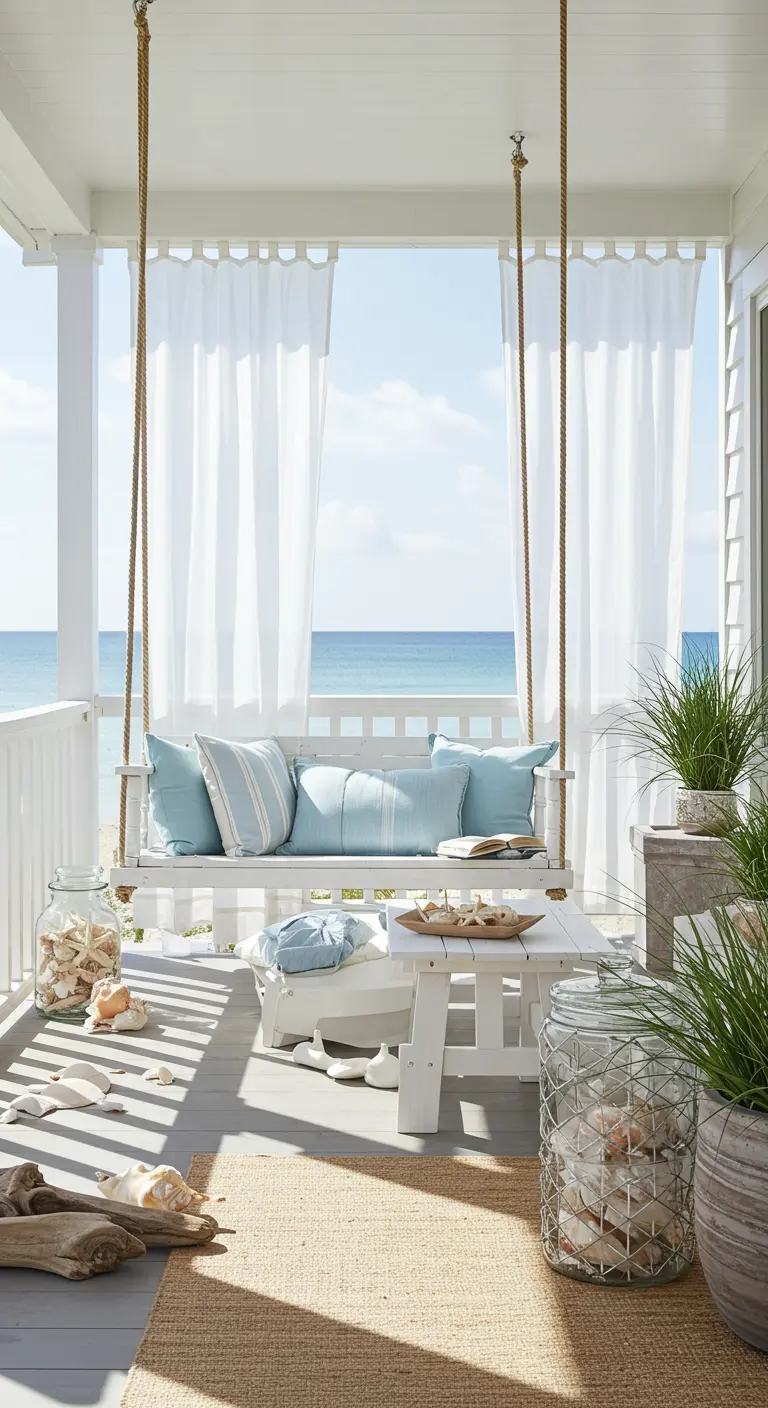 Witte schommelbank met blauwe kussens op veranda met uitzicht op zee.