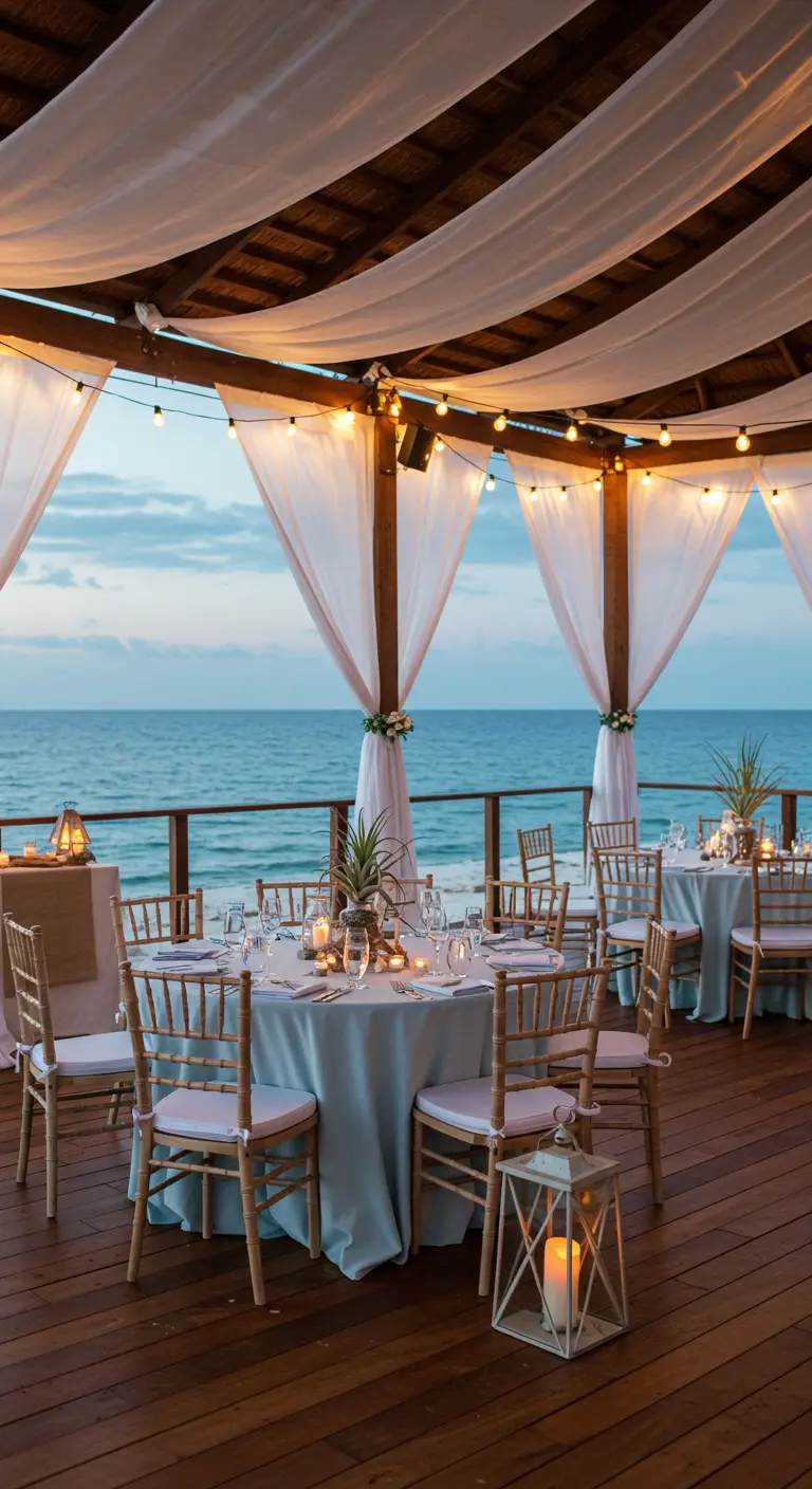 Trouwdiner aan de kust met witte draperieën, lichtslingers en uitzicht op zee.