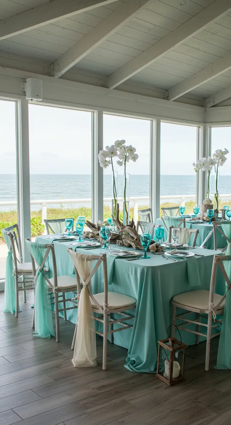 Strandpaviljoen bruiloft met zeegroen tafelkleed, drijfhout, witte orchideeën en turquoise glas.