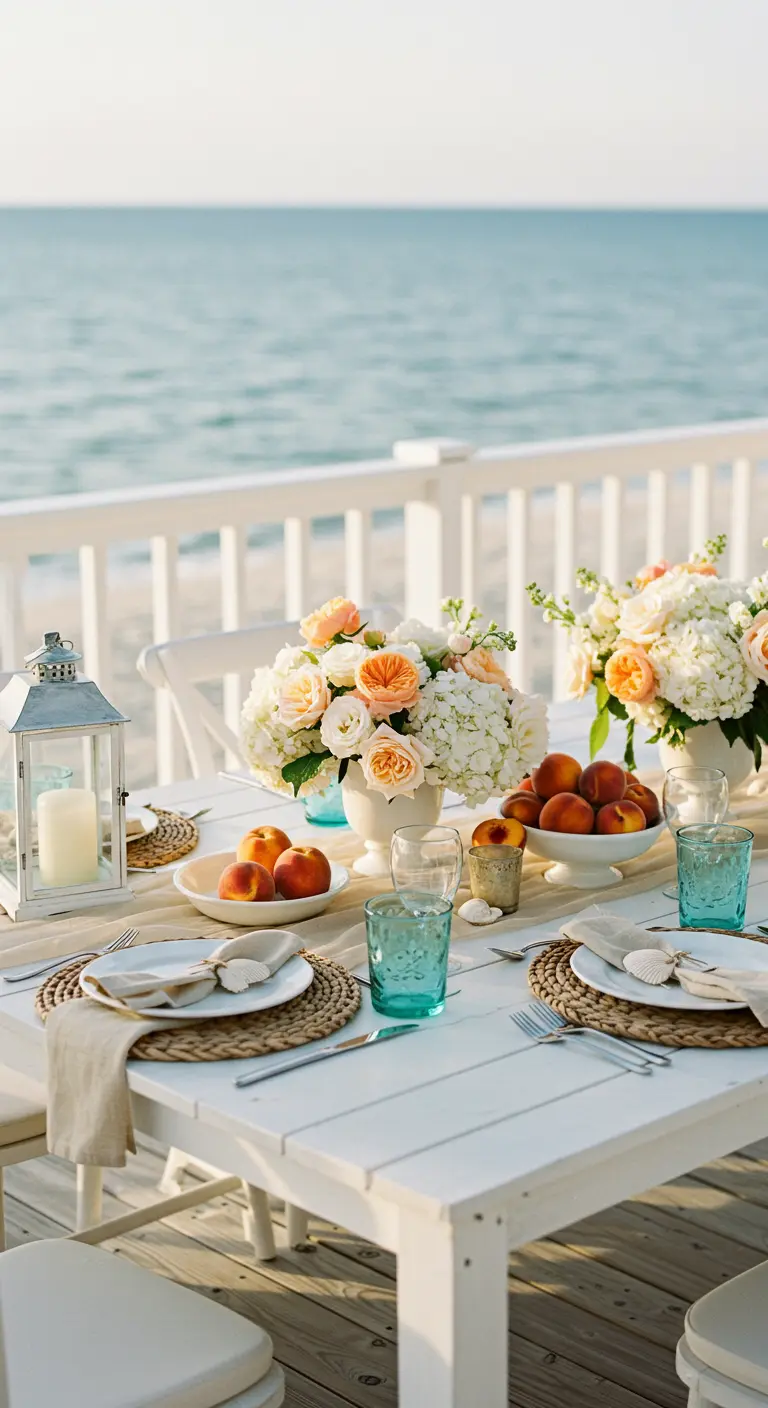 Witte tafel aan zee met perzikkleurige bloemen, perziken en turquoise glazen.
