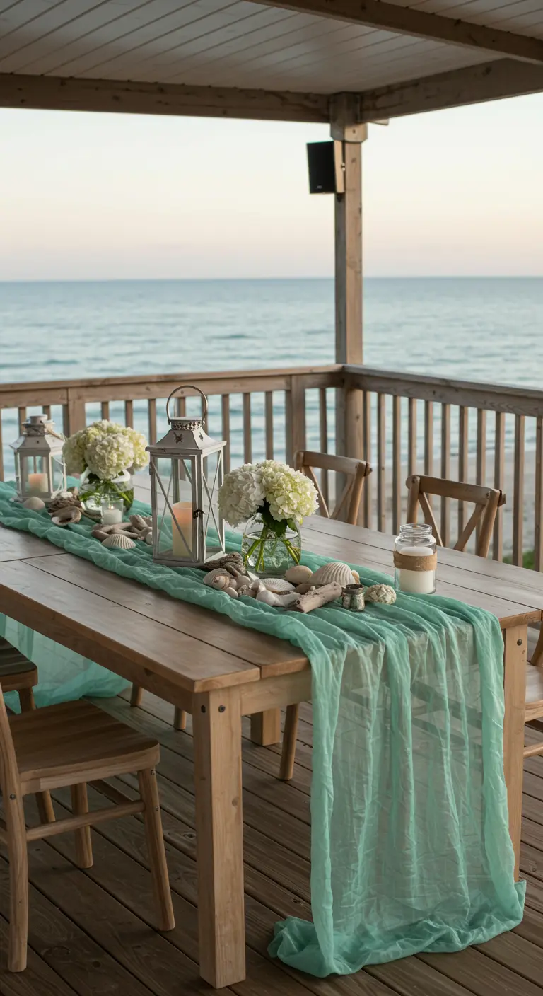 Houten tafel op veranda aan zee met zeegroene loper, witte bloemen, lantaarns en schelpen.