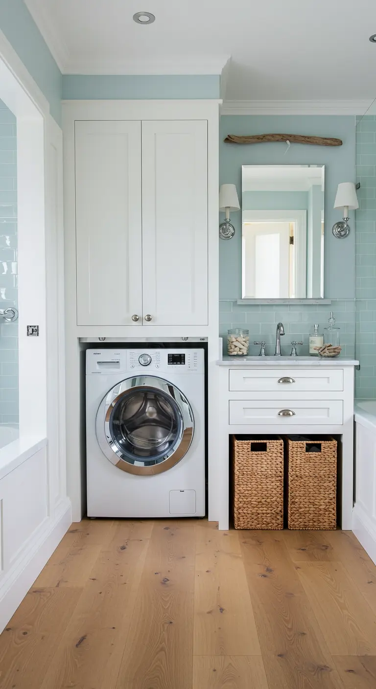 Wasmachine in witte kast met rieten manden en lichtblauwe wandtegels in een badkamer.