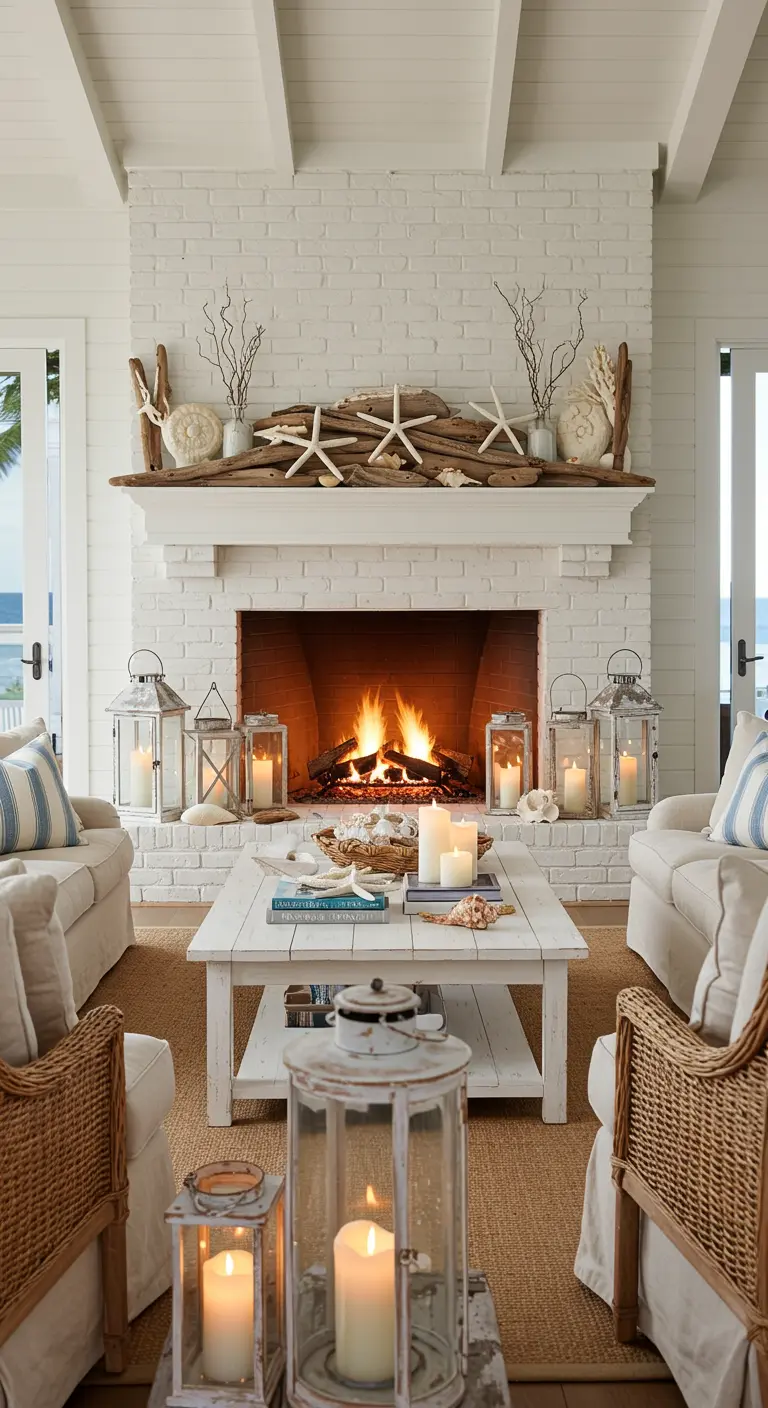 Wit geschilderde bakstenen open haard met strandthema decoraties zoals drijfhout en zeesterren.