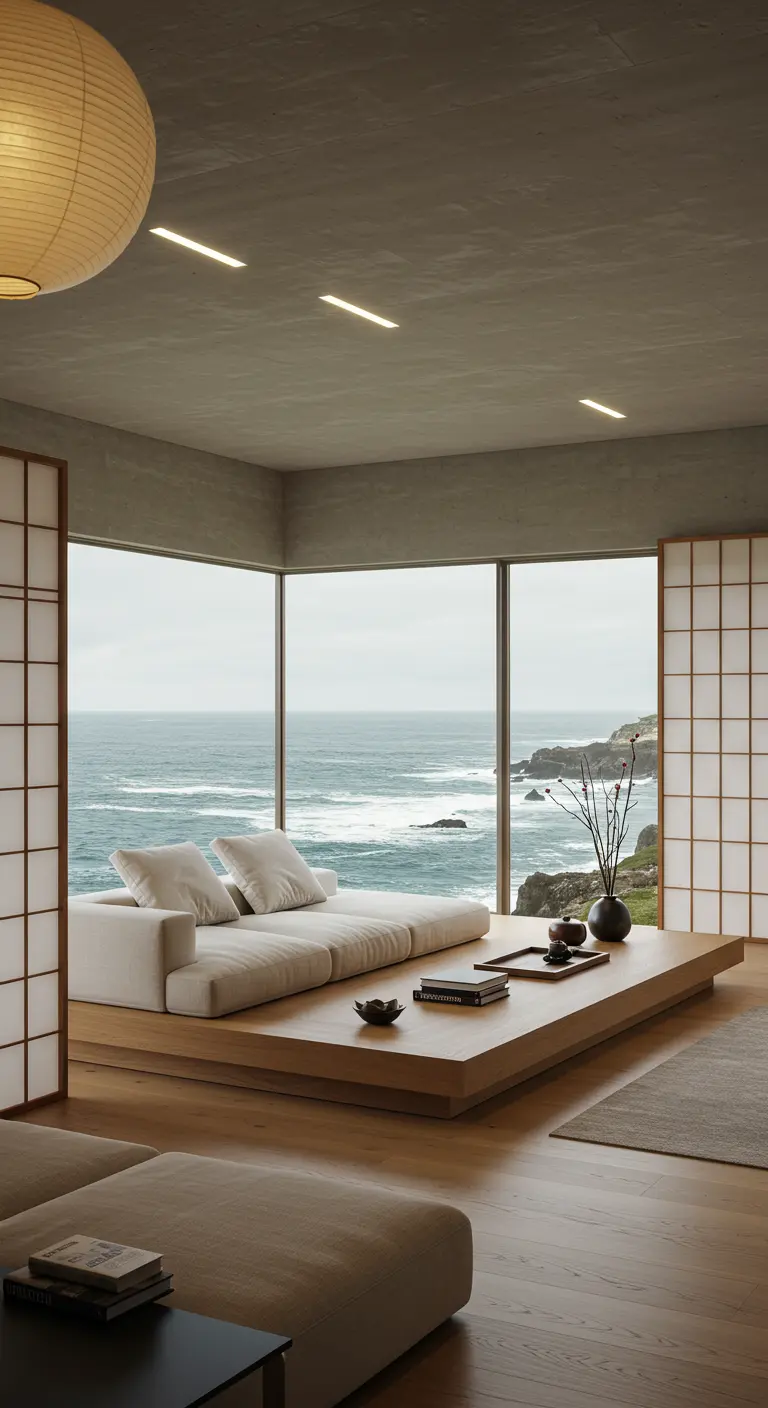 Minimalistische woonkamer in Japandi-stijl met laag bed/bank en uitzicht op de oceaan.