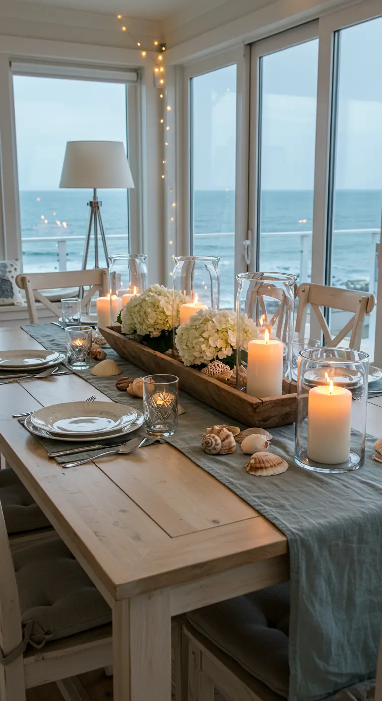 Eettafel met uitzicht op zee, met kaarsen, schelpen en hortensia's in een houten bak.