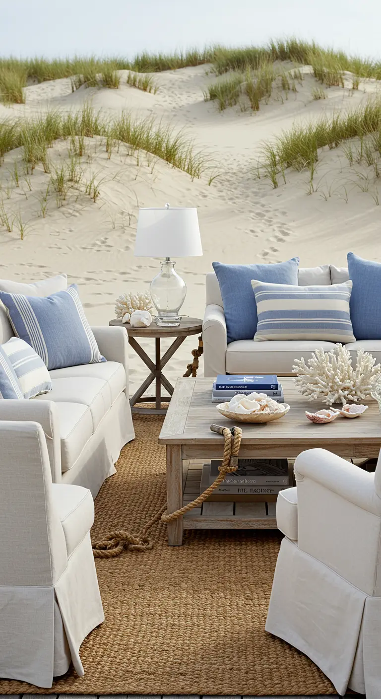 Kust lounge met witte banken, blauwe kussens, juten kleed, schelpen en uitzicht op zandduinen.