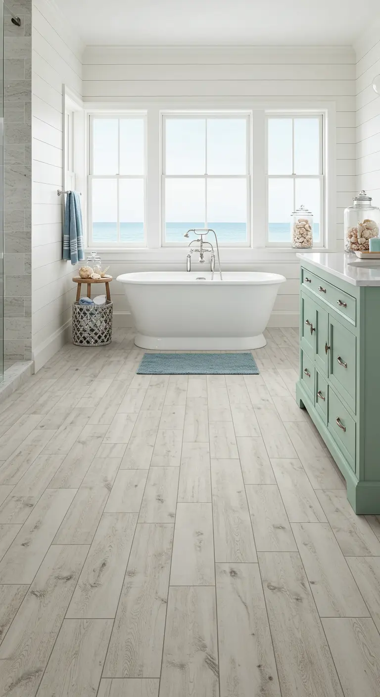 Lichte badkamer met keramische houtlook tegels en uitzicht op zee.