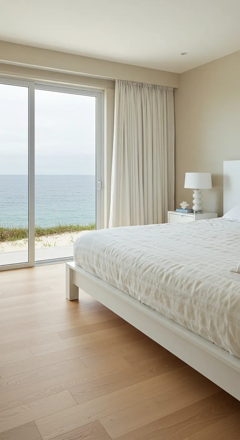 Lichte slaapkamer met uitzicht op zee, beige muren, wit bed, lichte gordijnen en houten vloer.