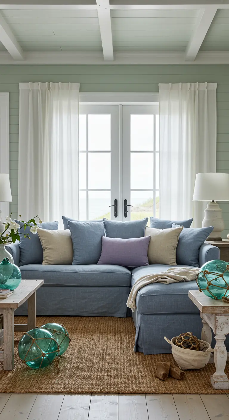 Kuststijl woonkamer met blauwe bank, lavendel kussens, zeegroene accenten, jute vloerkleed.