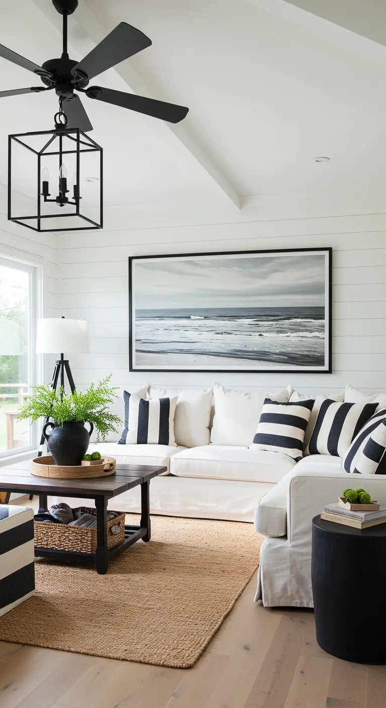 Witte woonkamer met zwarte strepen op kussens, een jute vloerkleed en een grote strandfoto.