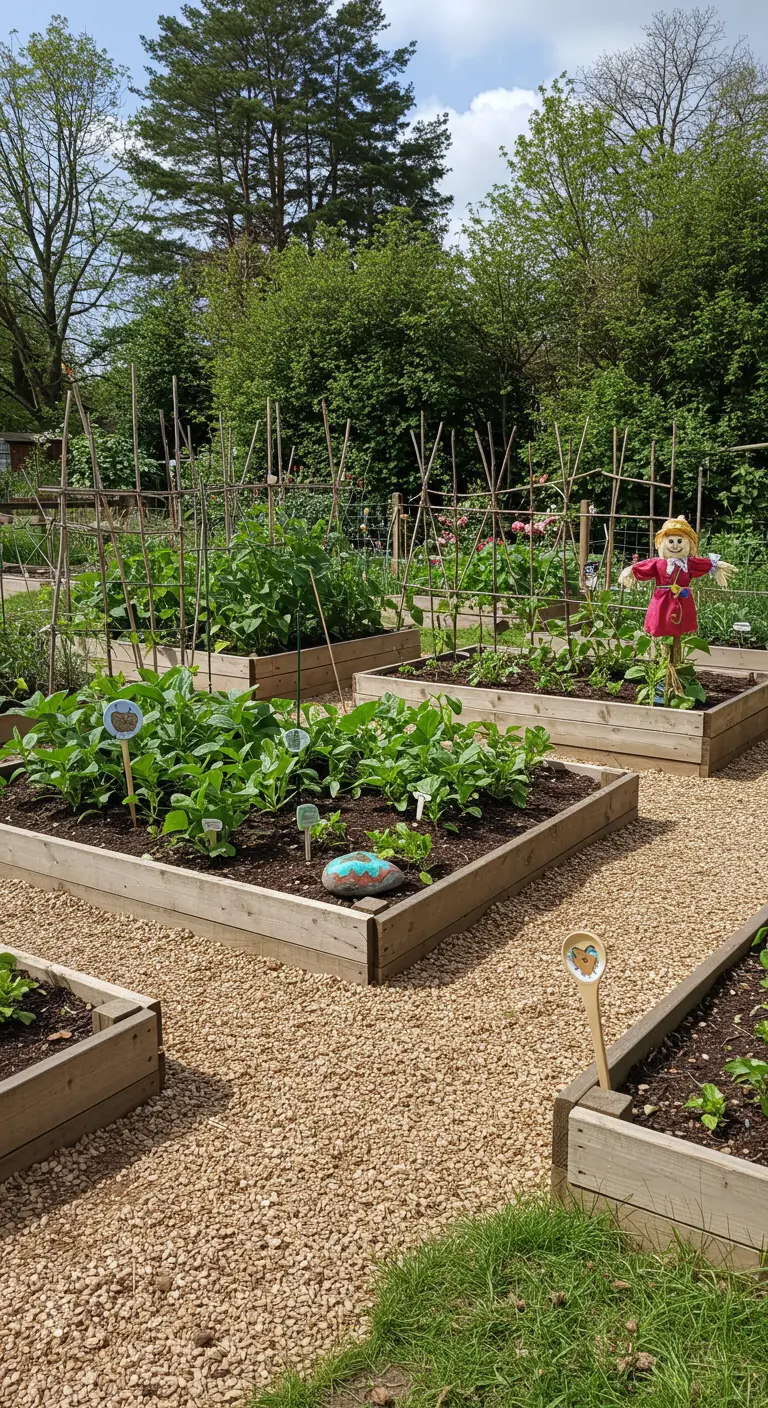 Houten verhoogde kweekbakken in een moestuin, met een vogelverschrikker.
