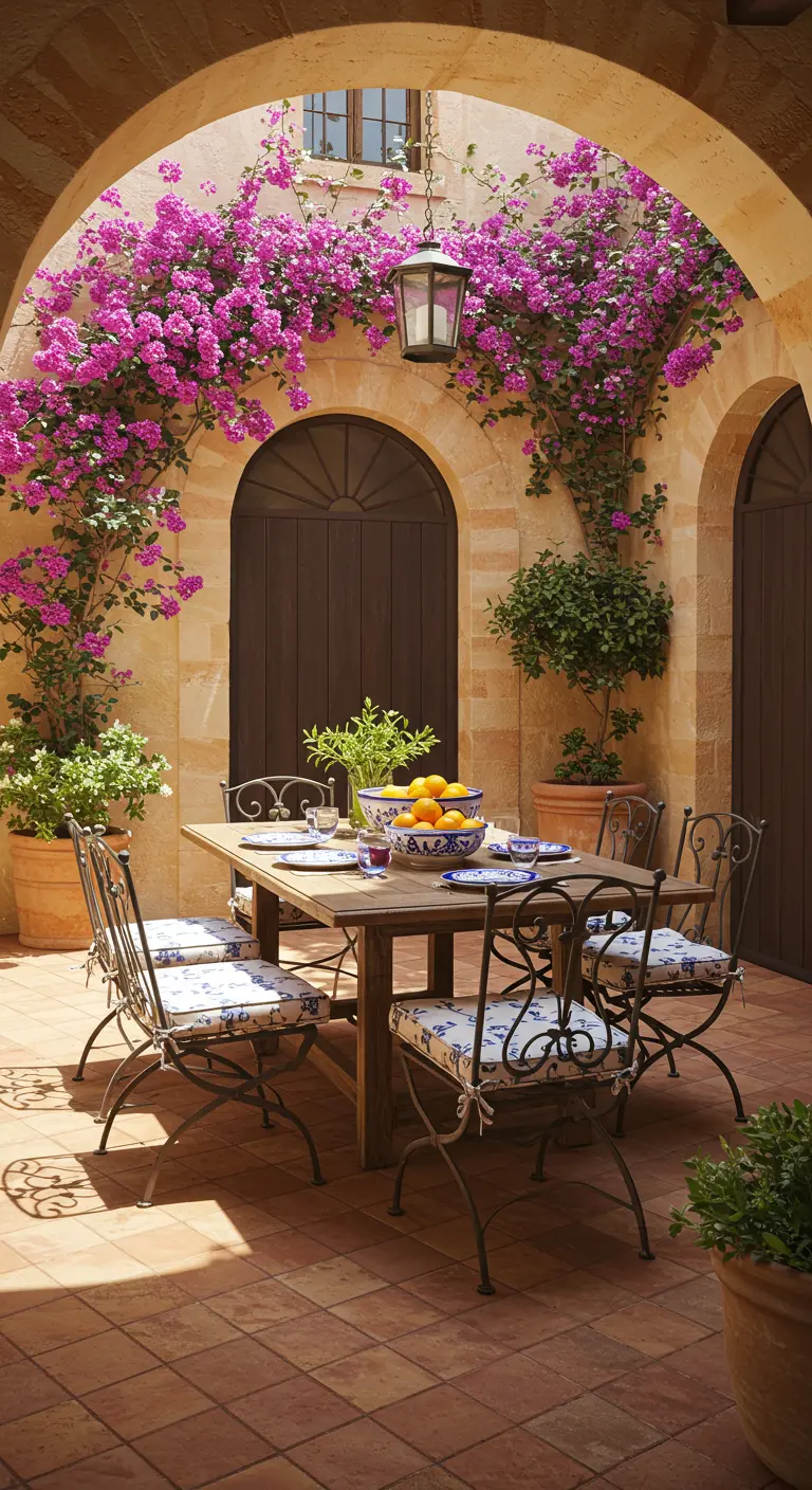 Mediterrane patio eethoek met stenen bogen, bloeiende bougainvillea en smeedijzeren stoelen.