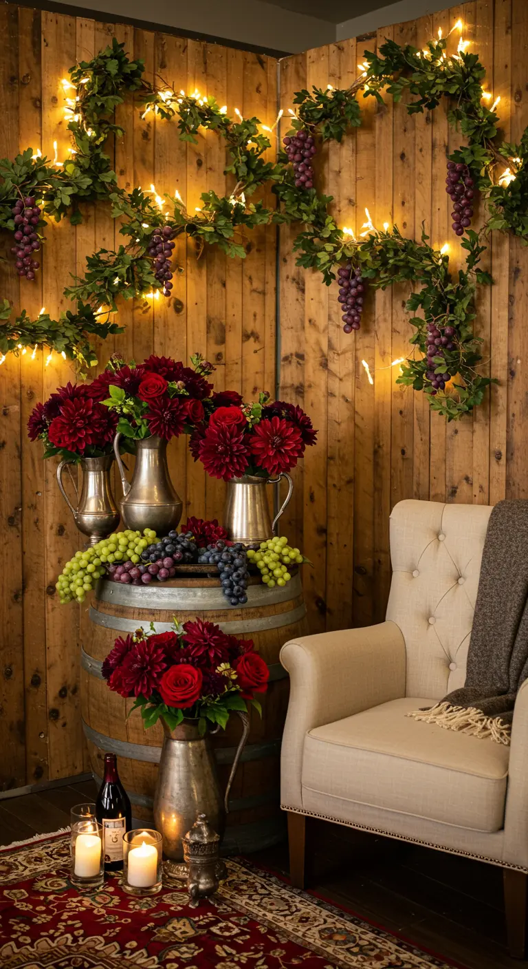 Toscaanse wijnkelder setting met houten wand, druivenranken, wijnvat, rode bloemen en fauteuil.