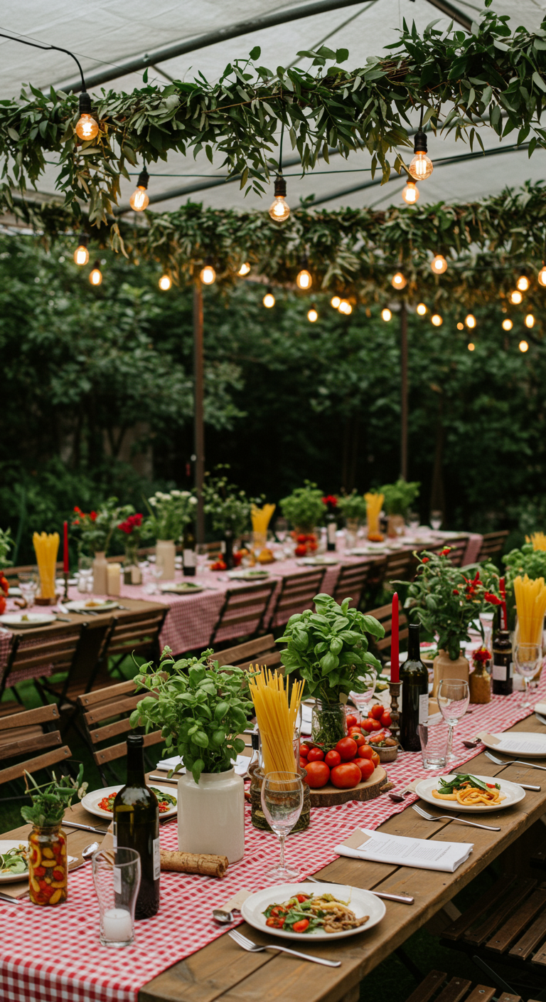 Lange tafel met Italiaans thema: rood-wit geblokt, basilicum en tomaten.