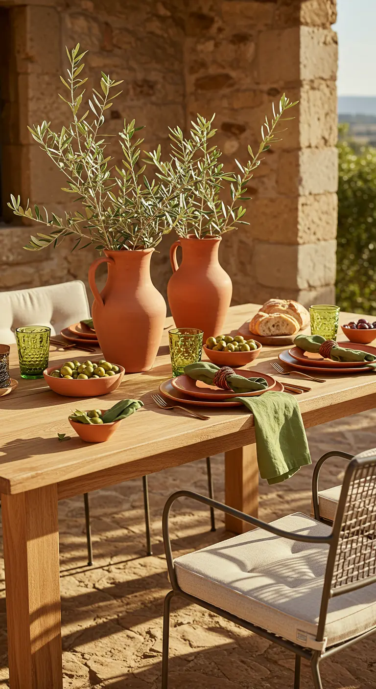 Toscaans gedekte tafel met olijftakken in terracotta potten en groen glaswerk.