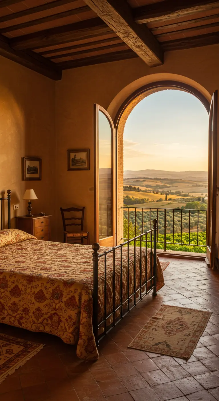 Slaapkamer in Toscaanse stijl met uitzicht op glooiende heuvels.
