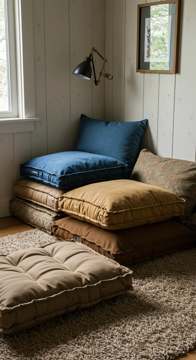 Stapel van grote, comfortabele vloerkussens in aardetinten op een vloerkleed.