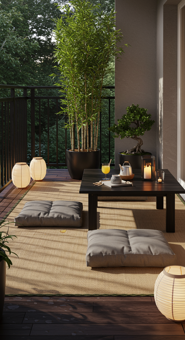 Balkon met lage zwarte tafel, grijze zitkussens op een mat, bamboeplant en lampionnen.
