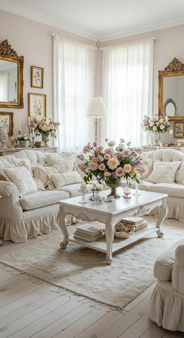 Lichte, romantische woonkamer met witte banken, bloemen en gouden spiegels.