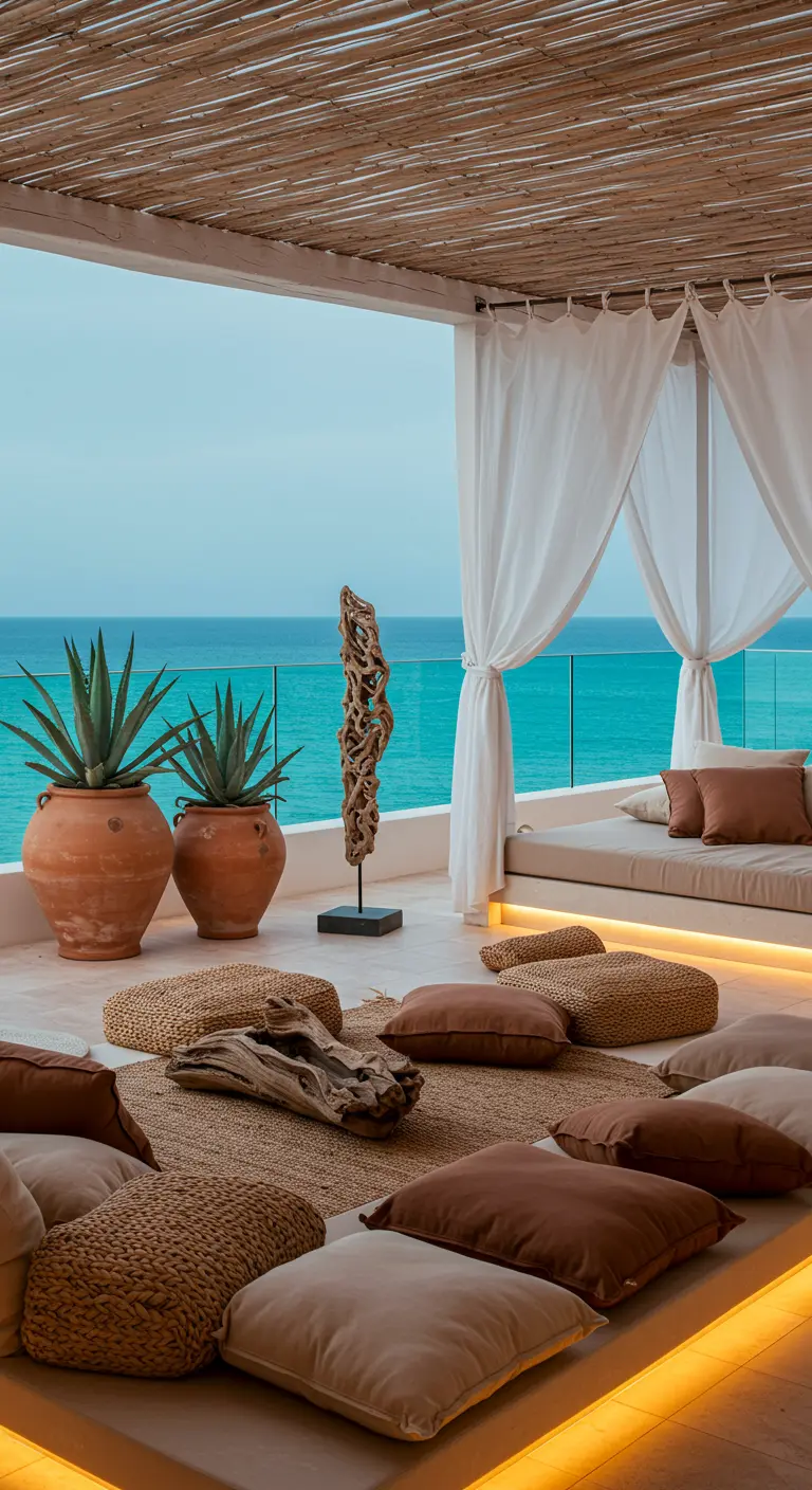 Ibiza-stijl lounge met lage kussens, terracotta potten met agaves en uitzicht op zee.