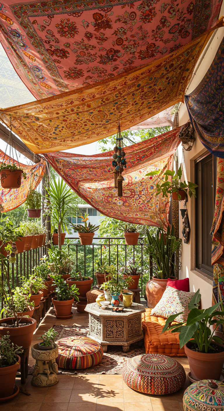 Bohemian balkon vol kleurrijke doeken, hangplanten, oosterse tapijten en poefjes.