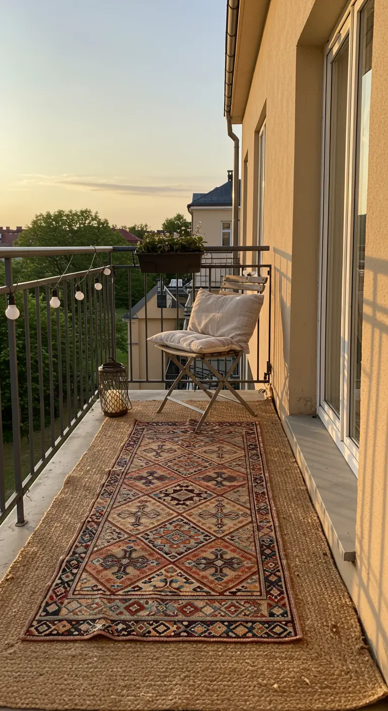 Balkon met gelaagde buitenkleden: een jute basis met een kleiner Oosters kleed.