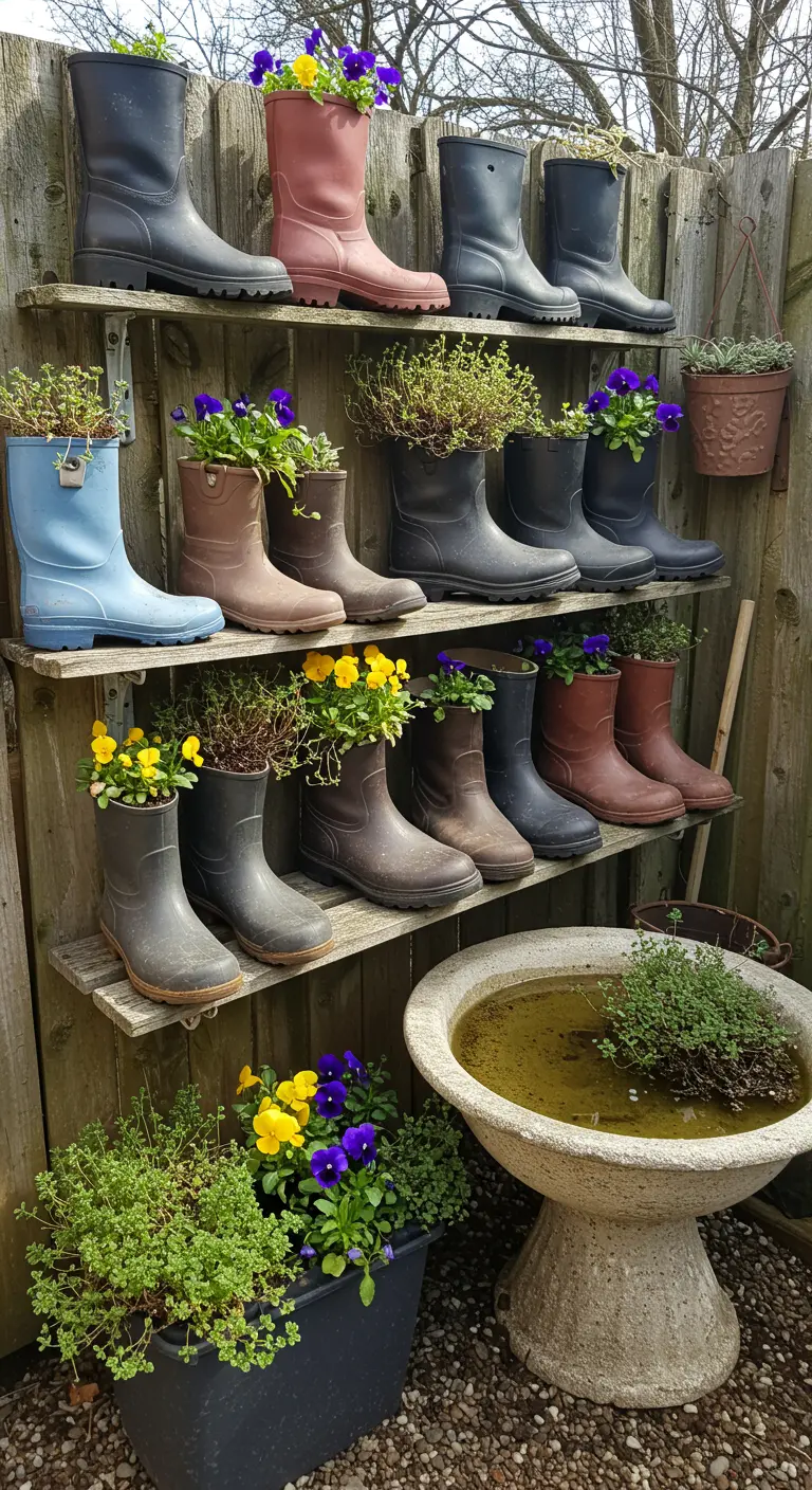 Rijen kleurrijke regenlaarzen gevuld met bloemen en planten op houten planken langs een schutting.