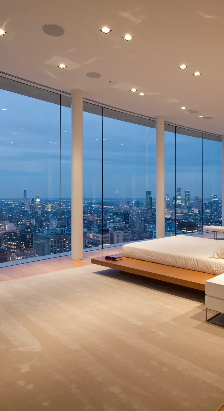 Moderne, minimalistische slaapkamer met kamerhoog raam en panoramisch uitzicht op de stad 's avonds.