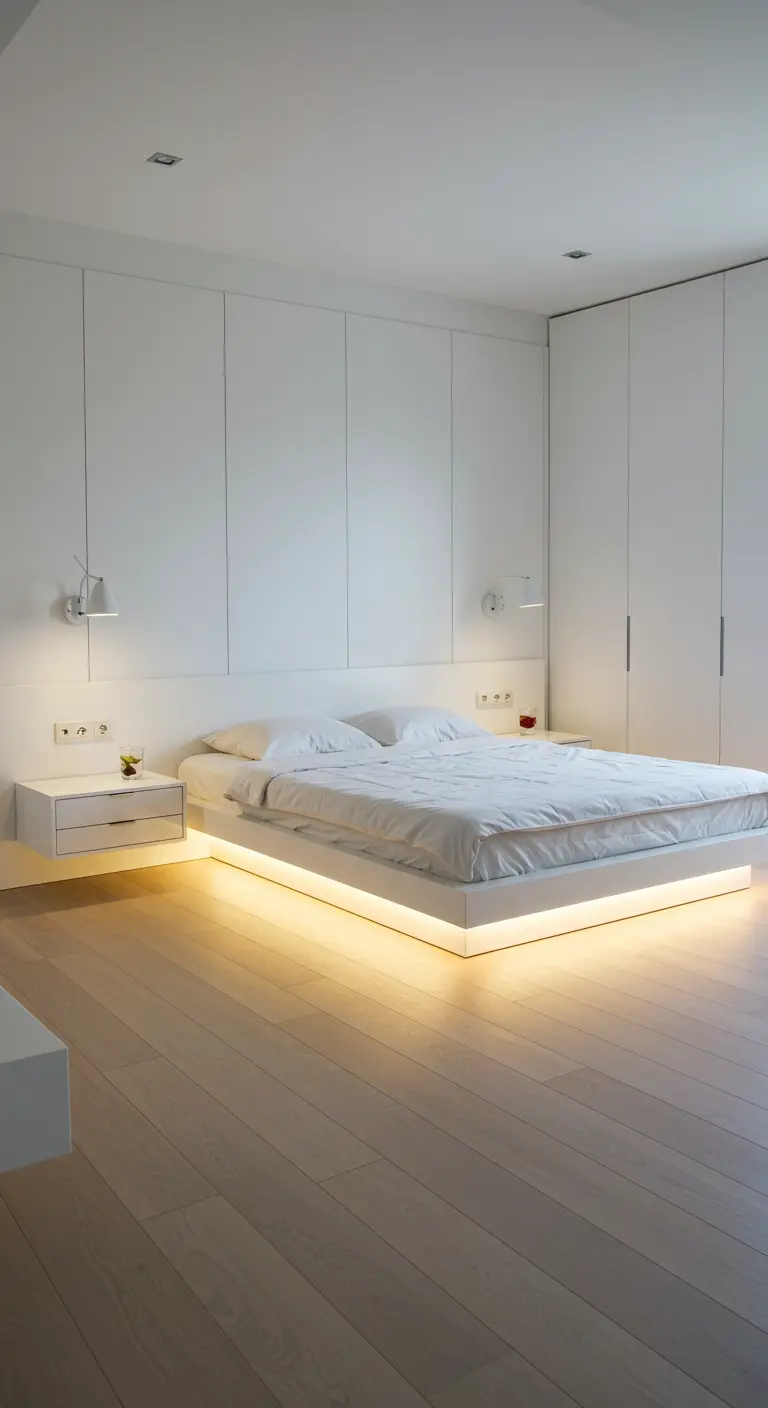 Witte minimalistische slaapkamer met een warmgeel LED-licht onder het zwevende bedplatform.