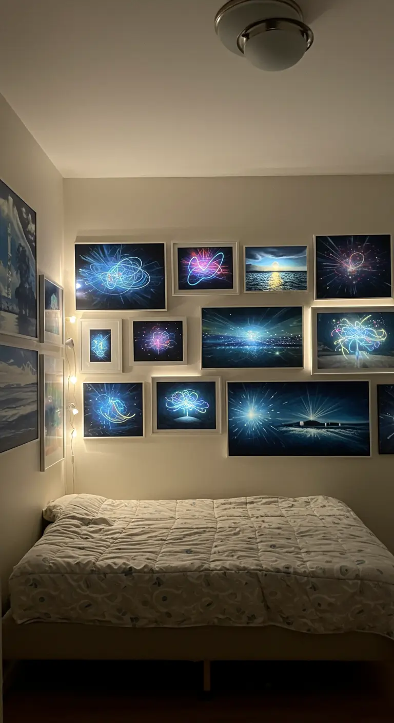 Donkere slaapkamer met een gallery wall van verlichte kunstwerken.