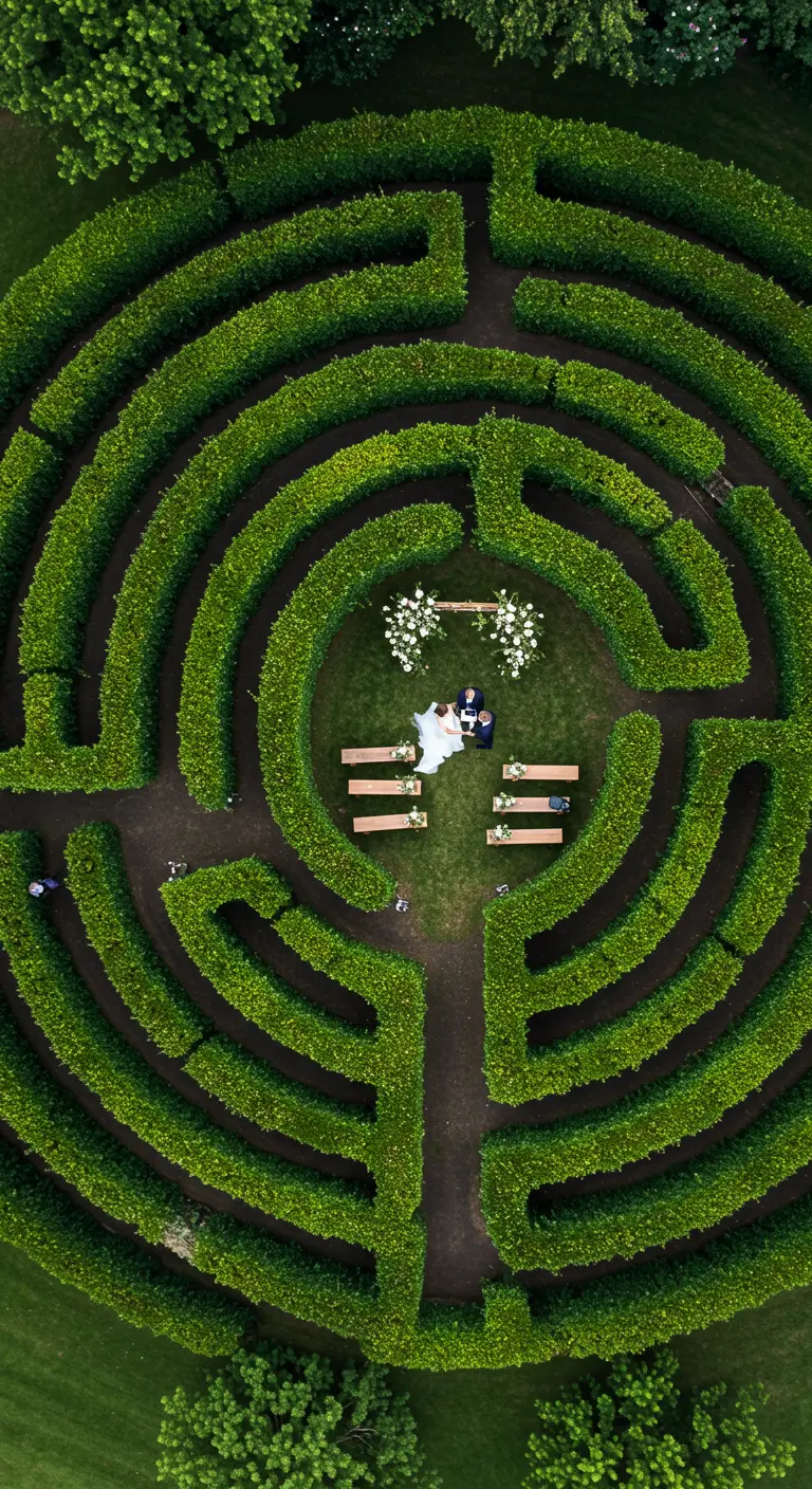 Luchtfoto van bruidspaar in een heg-labyrint, omringd door groen.