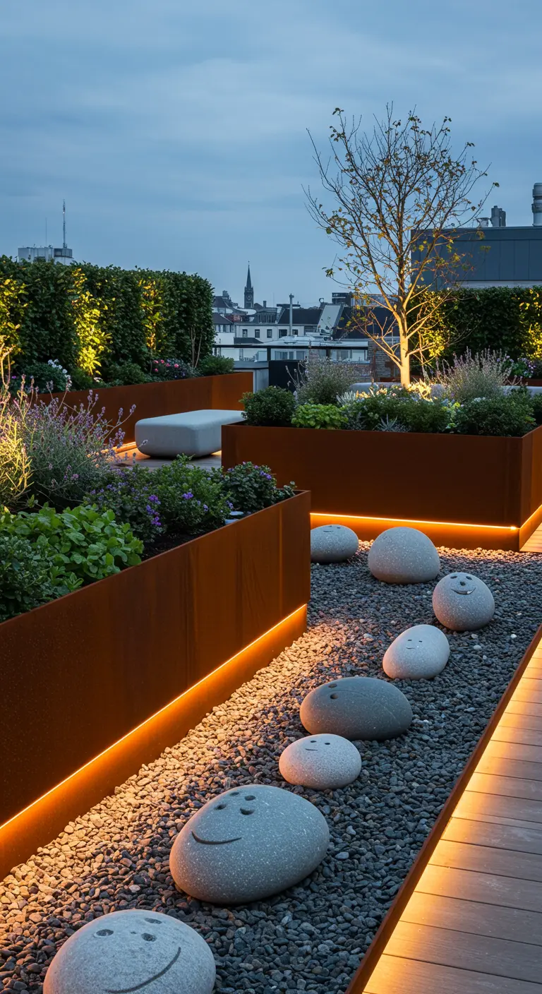 Dakterras met cortenstalen plantenbakken en een pad van lachende stenen, verlicht door LED-strips.