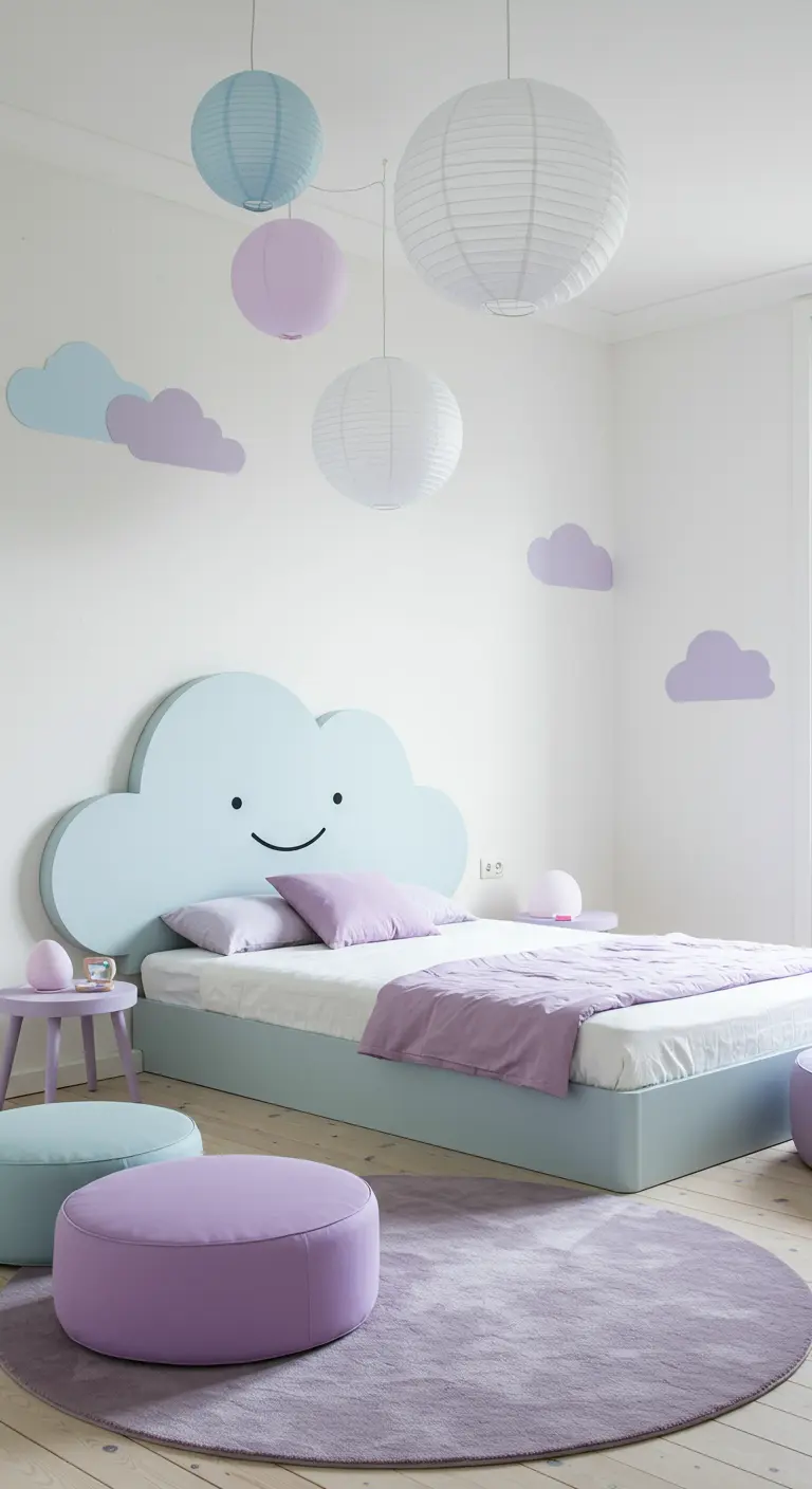 Kinderkamer met lichtblauw lachend wolkhoofdbord, pastelkleurige wolken aan de muur en poefs.